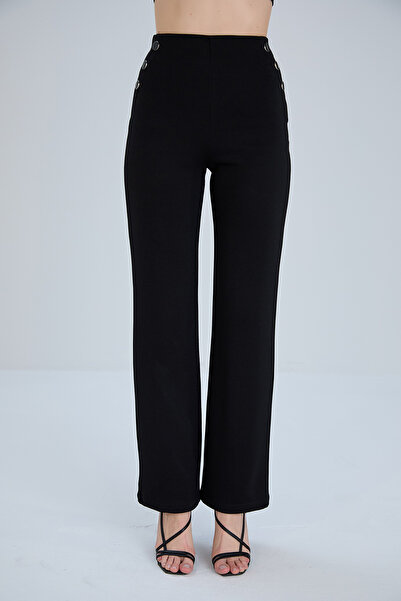 Thin Shop Siyah Düğme Detaylı Dökümlü Pantolon