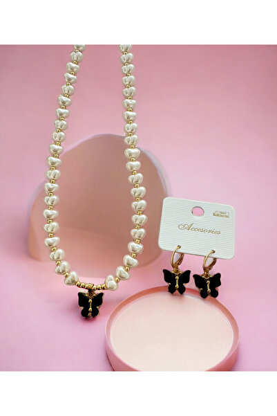 Saltos Black Butterfly Necklace and Earrings Set with Pearls Women's Necklace and Earrings Black Butterfly Necklace with Pearls Earrings Jewelry