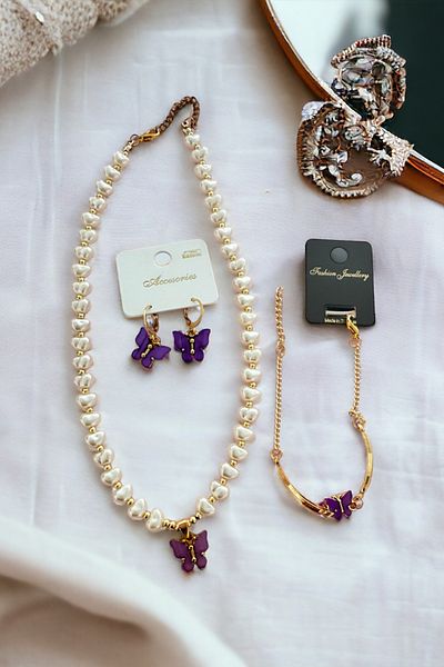 Saltos Purple Butterfly Necklace with Pearls Earrings Bracelet Set Women's Necklace Earrings Bracelet Necklace with Pearls Earrings Bracelet