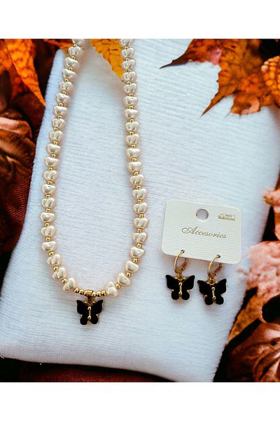 Saltos Black Butterfly Necklace and Earrings Set with Pearls Women's Necklace and Earrings Black Butterfly Necklace with Pearls Earrings Jewelry