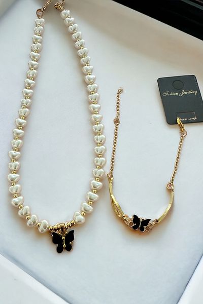 Saltos Black Butterfly Necklace Bracelet Set with Pearls Women's Necklace Bracelet Black Butterfly Necklace Bracelet with Pearls