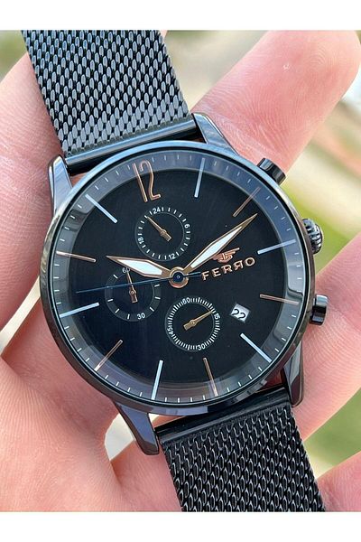 FERRO Black Straw Cord Inner Functions 30 Mt Waterproof Men's Wristwatch with Active Calendar ETM31039