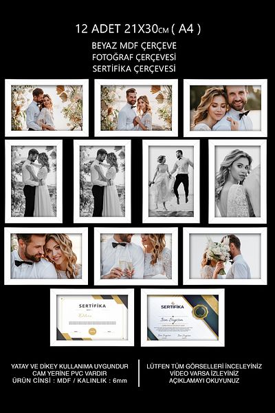 yhfoto 12 bucăți cadru A4 - cadru alb - cadru MDF 21x30 - cadru foto și certificat