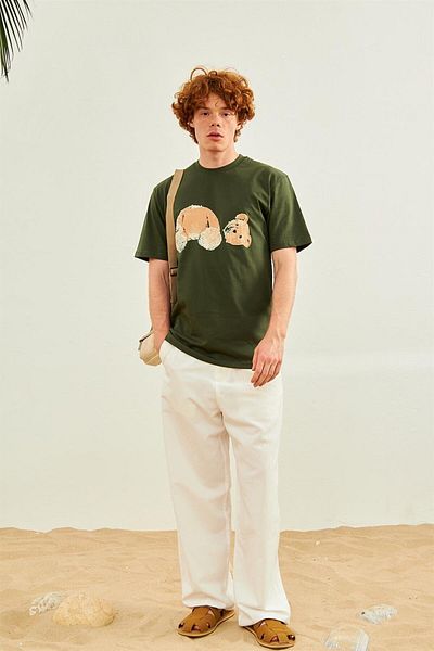 Danger Men's Teddy Bear Printed Oversize T-shirt Green