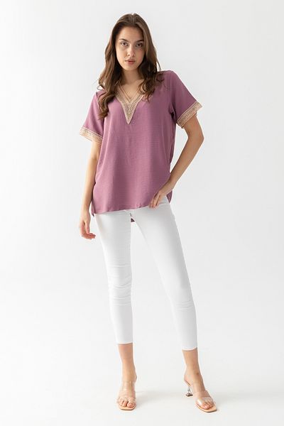 EtkiModa Γυναικεία μπλούζα Aerobin Dusty Rose με γιακά και μανίκια με κορδόνια