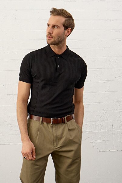 Danger Ανδρικό καλοκαιρινό πλεκτό μπλουζάκι με κολάρο πόλο σε slim-fit μαύρο