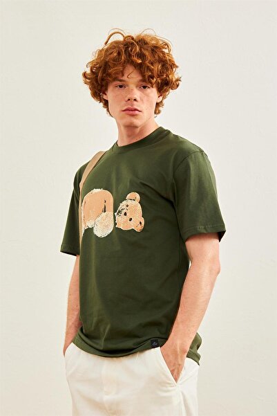 Danger Men's Teddy Bear Printed Oversize T-shirt Green