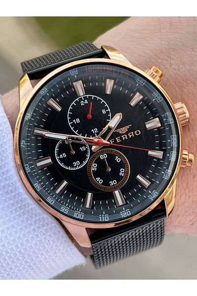 FERRO Black Straw Cord Inner Functions 30 Mt Waterproof Men's Wristwatch with Active Calendar ETM3856R