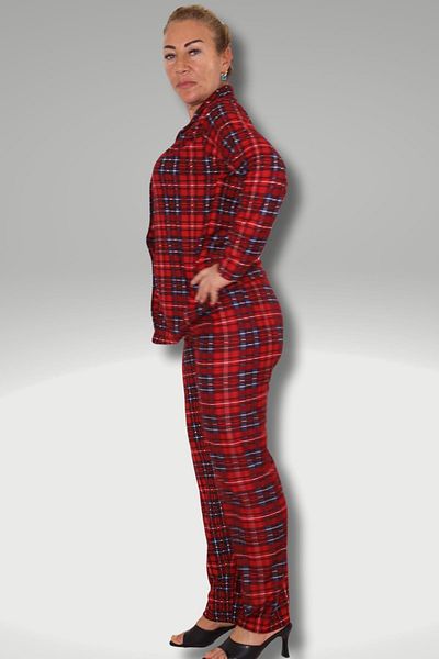 ikontarz WOMEN'S RED PLAID PAJAMAS SET WITH BUTTONS