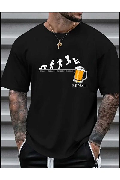 WOODROFFE Tricou oversize pentru bărbați cu imprimeu Friday Beer Casual Boyfi...