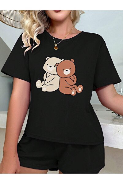 over head oh Black Couple Cute Teddy Bear Printed Oversize Pijama Set - Bumbac