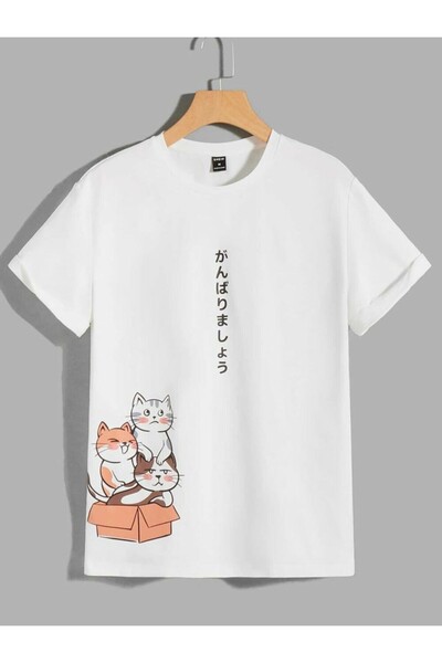 MAGORS TRICOU ALB CU MÂNECĂ SCURTĂ CU GÂT DE BICICLETA IMPRIMAT PISICI MICI