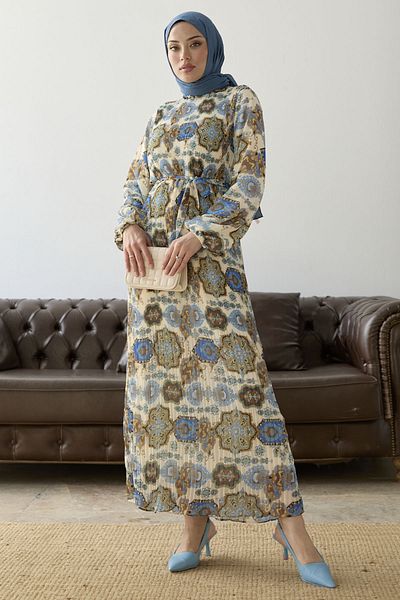 InStyle Redős kendőmintás sifon ruha - kék