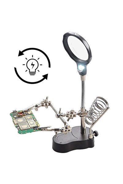 TLS Robotik Çok Fonksiyonlu LED Işıklı Büyüteçli ve Mercekli Lehim Tamir Havya Standı - MG16126-A