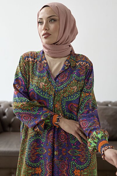 InStyle Hakim Yaka Etnik Desen Viskon Elbise - Oranj