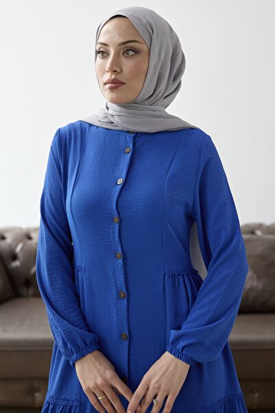 InStyle Buttoned Laced Ayrobin Dress - Saks Blue