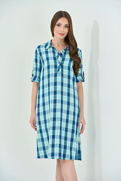 TOLGA SARAÇOĞLU 40333TS СИНЯ СУКНЯ З СКЛАДАНИМИ РУКАВАМИ З ВІСКОЗОВОЇ ТКАНИНИ БЕЗ ПІДКЛАДКИ