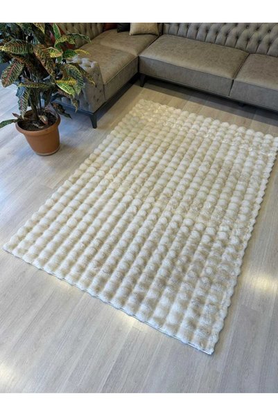 Anatolian Carpet Store Bubble Yuvarlak Krem Tavşan Tüyü Kaymaz Taban  Peluş Halı