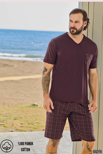 bigiyin Claret Red Men's Short Sleeve Shorts Pajama Set Men's Summer Pajama S...
