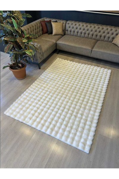 Anatolian Carpet Store Bubble Yuvarlak Beyaz Tavşan Tüyü Kaymaz Taban  Peluş Halı