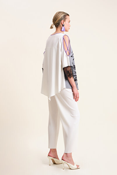 VERDA Çiçek Desenli Dantelli Asimetrik Kesim Bluz