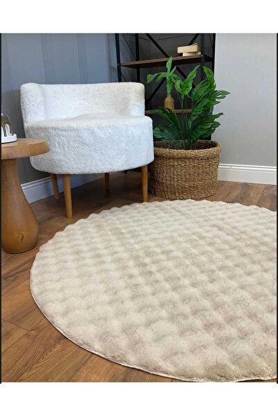 Anatolian Carpet Store Bubble Yuvarlak Krem Tavşan Tüyü Kaymaz Taban  Peluş Halı