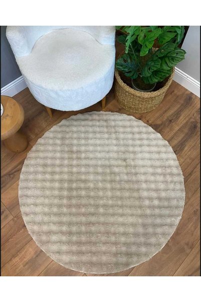 Anatolian Carpet Store Bubble Yuvarlak Krem Tavşan Tüyü Kaymaz Taban  Peluş Halı