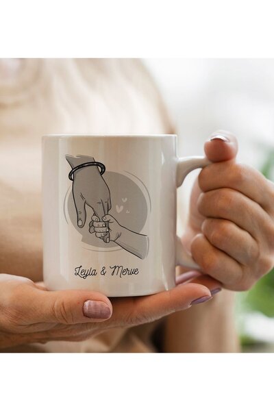 Bk Gift Kişiye Özel Siyah Beyaz Anne-Çocuk El Tasarımlı Siyah Kupa Bardak -1,...