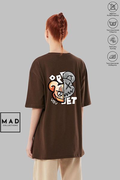 MAD COLLECTİON Unisex Oversize Crew Neck Βαμβακερό T-shirt με στάμπα με κοντό μανίκι CARTOON BEAR