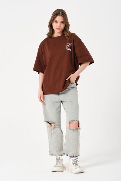 Owut Collection Μπλουζάκι Unisex Brown Crew Neck με στάμπα Oversize