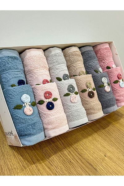 AYHANHOME Embroidery Patterned Boxed Dowry Gift Set of 12 6 Hand Face & 6 Kitchen Towels