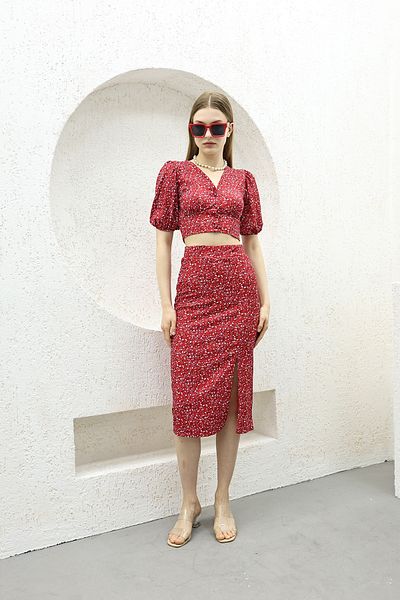 İKLİM LİFE Top Buttoned Blouse Bottom Slit Skirt Set