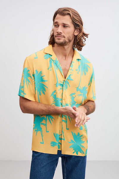 GRIMELANGE Gordon Men's Tiril Tiril Fabric Loose Woven Wide Fit Summer Yellow Shirt