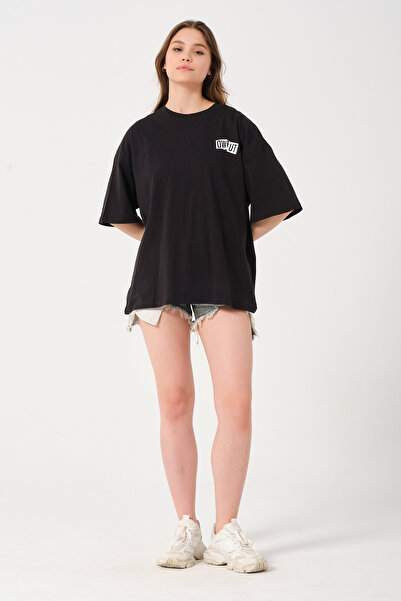 Owut Collection Tricou oversize unisex, negru, cu decolteu, cu imprimeu de bufniță