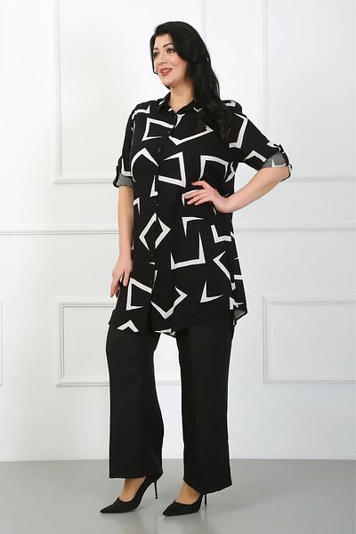 By Alba Collection Women's Black Patterned Cotton Viscose Large Size Tunic