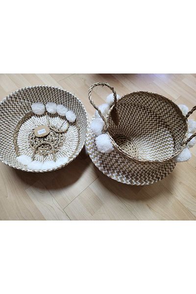 KANCAEV Ψάθινο καλάθι 35cm Λευκό Pompom - Πτυσσόμενο με κοιλιά