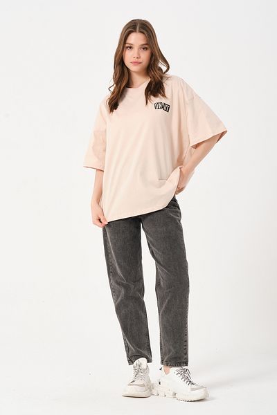 Owut Collection Unisex Μπεζ Crew Neck Owut Oversize T-shirt με λεπτομέρεια εκτύπωσης