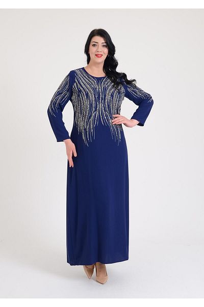 SpringStore فستان سهرة مقاس كبير مطبوع بالحجر الأزرق الداكن
