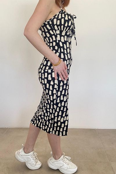 Ded COLLECTION Rochie de damă cu modele geometrice cu bretele cu cravată la piept