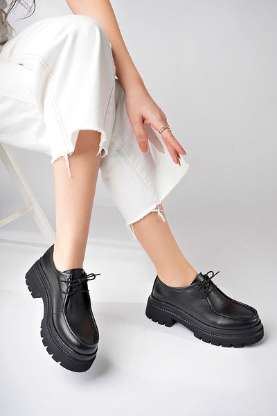 Deripabuc Genuine Leather Black Women's Daily Thick Sole Leather Loafer Shoes Trc-10932