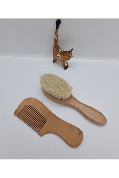 Organic Organic Goat Hair Baby Brush and Wooden Baby Kids Comb Set 1