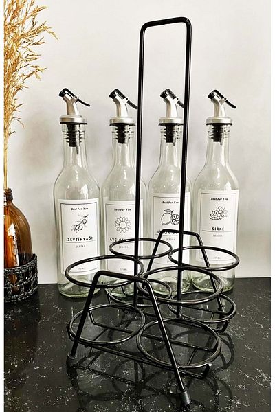 Jenisa Quadruple Black Metal Stand Oil Sauce Bottle Stand 375 Ml Bottle with Label - White