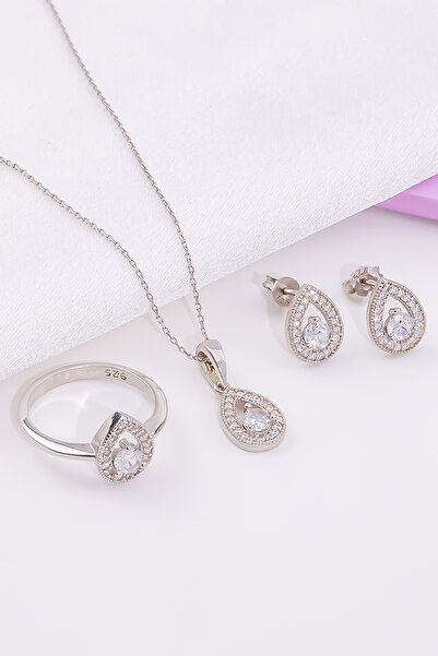 Miavi Silver 925 Ayar Gümüş Rodyum Damla Kolye Küpe Yüzük Takı Seti