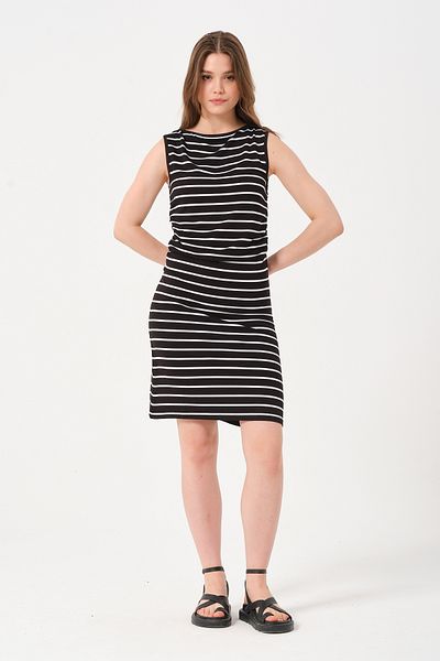 Owut Collection Rochie de damă, cu dungi scurte, alb-negru, fără mâneci