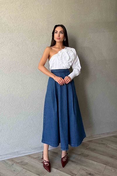 Seda Yalçın Atelier Blue Flared Midi Jeans Skirt