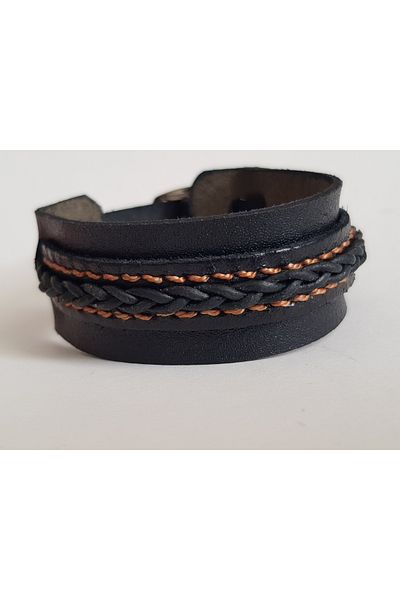 aysefe Genuine Leather Stitching and Knitting Detailed Belted Bracelet