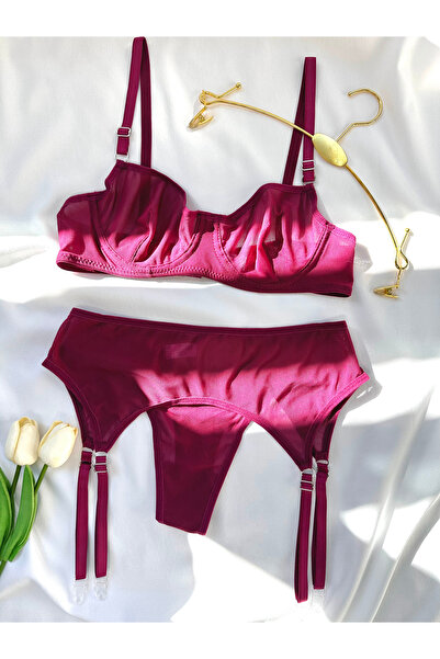 Arinda Comfort Tulle Underwire Cupless Cherry Color Garter Suit 3 Piece