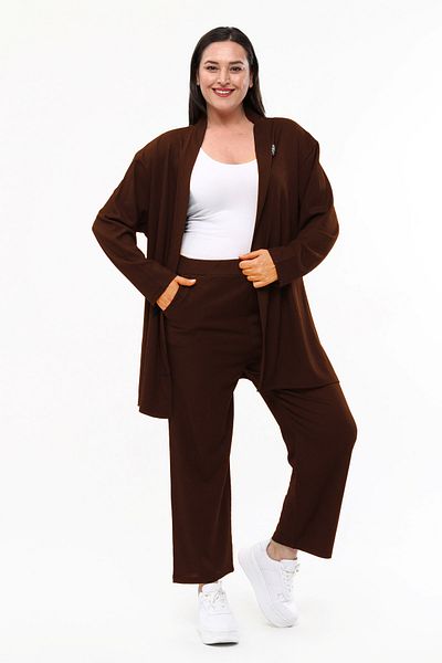 Laden Set de două piese cardigan pantaloni din țesătură șifonată de primăvară pentru femei de mărime mare