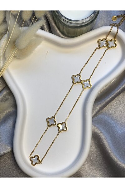 ElifSavaş Gold Çoklu Yonca Detay Çelik Kolye