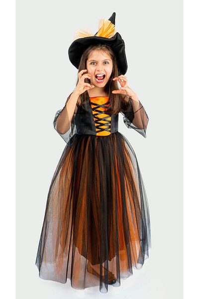 Buse&Eylül Bebe Witch with Orange Hat Concept Girl's Birthday Party Dress